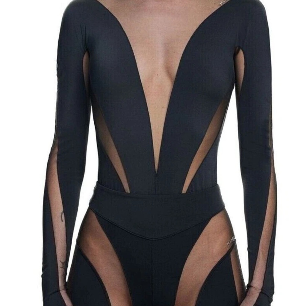 Mugler H&M Mesh Paneled Bodysuit Beige Black